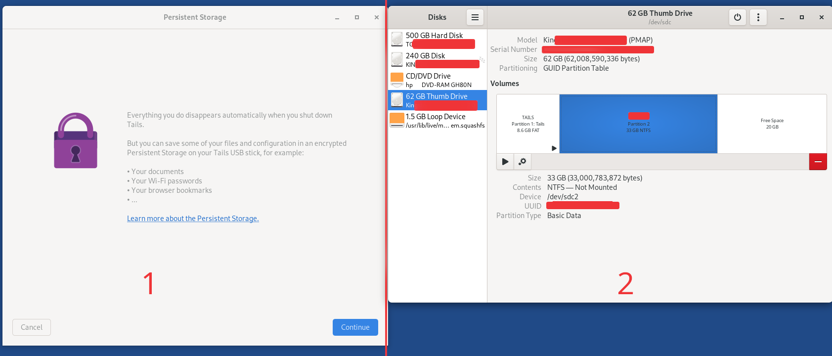 Στο 1 βλέπουμε το Persistent Storage όπως φαίνεται μετά την πρώτη είσοδό μας και στο 2 το Disks που διαχειριζόμαστε τους Δίσκους και τα USB Sticks